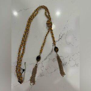 WHBM Long Leather/Gold Tassle Necklace with Semi Precious Stones NWT